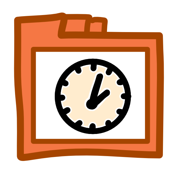 An orange file folder with 3 tabs across the top has a white rectangle on its front, inside the rectangle is a clock.